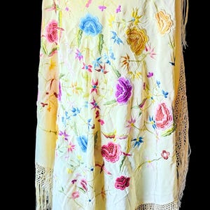 Rare 1830s Vintage Spanish Silk Piano Shawl | Hand-Embroidered Manila Shawl | Antique Bridal Flamenco Wrap with Long Fringe