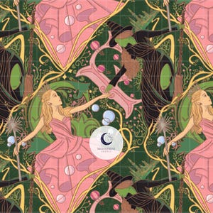 May include: A repeating pattern featuring characters from the Wizard of Oz. The design includes a green-skinned witch in a black hat and dress, a princess in a pink gown, and decorative elements in pink and gold against a green background.