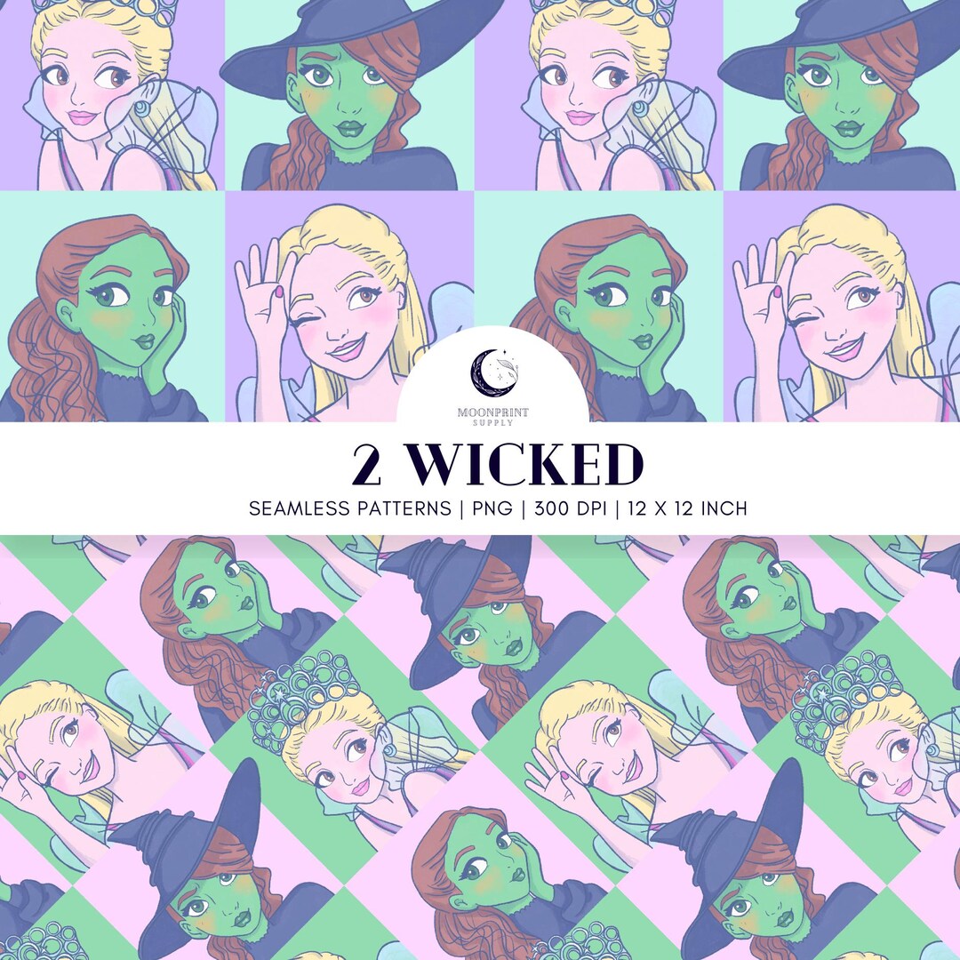 Wicked Inspired Hand-drawn Seamless Pattern Bundle: Glinda & Elphaba in ...
