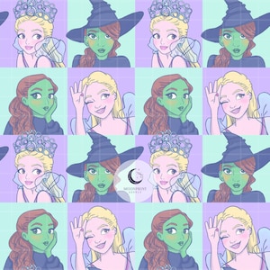 May include: A repeating pattern featuring illustrations of characters from the Wizard of Oz. The characters include a witch with green skin and a pointed hat, a princess with a crown, and a blonde woman waving. The background is a grid of light blue and purple squares.