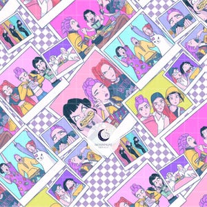 May include: A repeating pattern of stylized illustrations in a collage of polaroid-style frames. The images feature various characters in dynamic poses, with a color palette of pink, yellow, purple, and blue. The background has a checkered pattern.