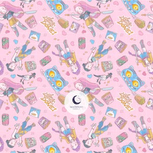May include: Pink patterned fabric featuring cartoon illustrations of characters with pink and purple hair, food items, and text that reads "Done Done!" and "MIRA". The design includes a repeating pattern of characters and food.