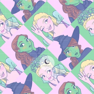 May include: A repeating pattern featuring cartoon illustrations of women with green skin, blonde hair, and witch hats, set against a pink and green checkered background. The women are in various poses, winking or looking thoughtful.