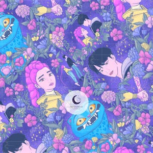 May include: A vibrant, whimsical pattern featuring cartoon figures, flowers, and a blue monster on a purple background. The design includes pink-haired characters, couples, and floral elements, creating a dreamy aesthetic.