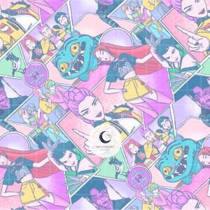 Può includere: Un motivo ripetuto e colorato con illustrazioni stilizzate di donne, mostri e forme geometriche. L'opera d'arte incorpora una tavolozza di rosa, viola, blu e giallo. Alcune figure tengono le forbici. Il logo Moonprint Supply è visibile.