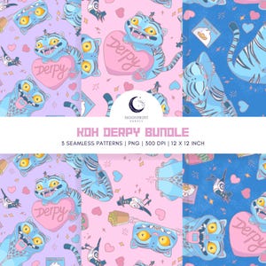 May include: A digital art bundle with three seamless patterns. Each pattern features a blue tiger-like creature holding a pink heart with the word "Derpy". The patterns include hearts, birds, and other whimsical elements in shades of pink, blue, and purple.