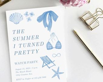 「The Summer I Turned Pretty」ウォッチパーティーバンドル – Canva招待状、Eviteカバー、TSITPシーズン3ウォッチパーティーフィナーレ用印刷可能なゲーム