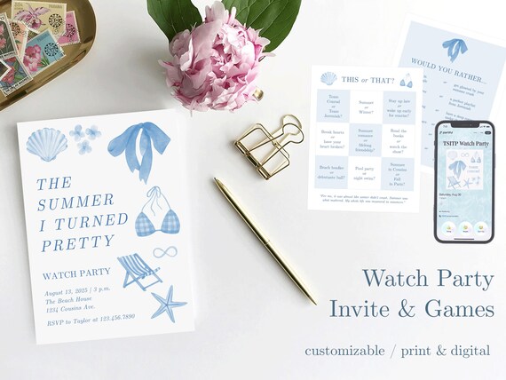The Summer I Turned Pretty Watch Party Bundle – Canva Invitation, Evite Cover & Printable Games for TSITP Season 3 Watch Party Finale