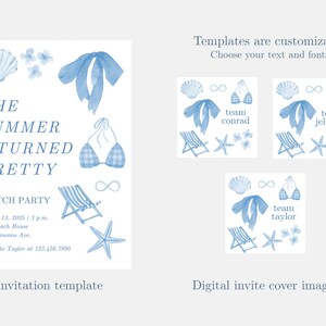 Pu&ograve; includere: Modello di invito ad acquerello con illustrazioni di conchiglie, bikini, fiocco e sedia a sdraio blu. Il testo recita "The Summer I Turned Pretty" e i dettagli dell'evento. Vengono mostrate anche le immagini di copertina dell'invito digitale.