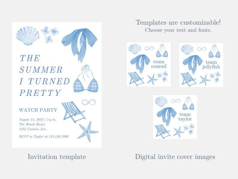 Pu&ograve; includere: Modello di invito ad acquerello con illustrazioni di conchiglie, bikini, fiocco e sedia a sdraio blu. Il testo recita "The Summer I Turned Pretty" e i dettagli dell'evento. Vengono mostrate anche le immagini di copertina dell'invito digitale.
