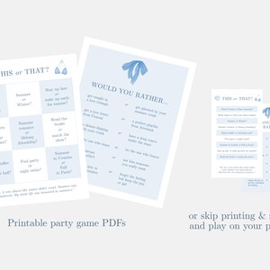 Pu&ograve; includere: Tre PDF stampabili di giochi per feste blu chiaro con testo. I giochi si intitolano "This or That?" e "Would You Rather...". Il testo include domande come "Team Conrad o Team Jeremiah?" e "Get a love letter from Conrad."
