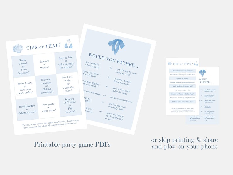 Pu&ograve; includere: Tre PDF stampabili di giochi per feste blu chiaro con testo. I giochi si intitolano "This or That?" e "Would You Rather...". Il testo include domande come "Team Conrad o Team Jeremiah?" e "Get a love letter from Conrad."