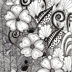 May include: Black and white floral illustration featuring detailed line art. The artwork showcases various flower shapes, leaves with dotted patterns, and swirling elements. The background is filled with intricate patterns, creating a visually rich design.