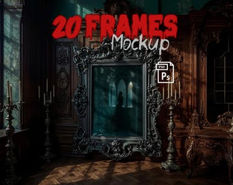 20 Gothic Mockup Frames PSD, Vintage Wall Art Poster Mockups, Dark Academia Interior Display, Antique Frame Bundle, Gothic Wall Decor PSD