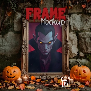Halloween Frame Mockup, Gothic Haunted Interior Scene, Autumn Seasonal Wall Art PSD Template