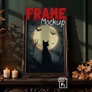 Gothic frame mockup with autumn leaves on a shelf, Halloween wall art, PSD template for a poster in a dark seasonal interior