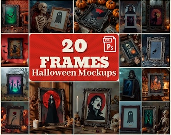 Zestaw 20 makiet ramek na Halloween: Upiorna gotycka dekoracja ścienna (szablony PSD)