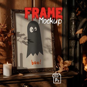 Halloween Frame Mockup PSD, Gothic Haunted Wall Art Display for Posters and Prints with Dark Autumn Seasonal Spooky Atmosphere