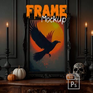 Halloween Interior Frame Mockup PSD, Haunted Gothic Home Wall Art Display with Pumpkins Candles and Seasonal Spooky Autumn Poster Scene