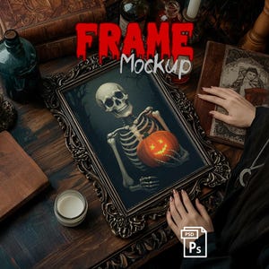 Halloween Frame Mockup PSD, Gothic Haunted Interior Poster Display with Pumpkins and Autumn Seasonal Dark Academia Vibes