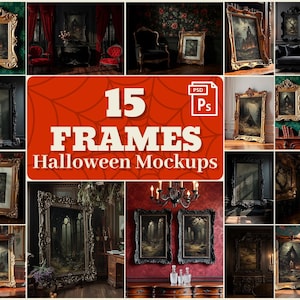 Puede incluir: Una colección de 15 maquetas de marcos con temática de Halloween. Los marcos varían en estilo, incluyendo marcos dorados y negros ornamentados, cada uno mostrando una pintura de paisaje espeluznante. La imagen tiene un fondo rojo y naranja con el texto "15 FRAMES Halloween Mockups".