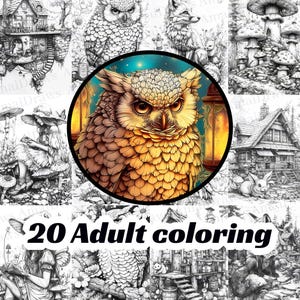 Magical Creatures & Forest Homes – 20 Printable Adult Coloring Pages, enchanting forest filled with magic, wonder, and charming creatures