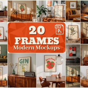 May include: A collection of 20 framed modern mockups, showcasing various art prints in different interior settings. The images feature botanical illustrations, fruit art, and graphic designs, displayed on walls and furniture.