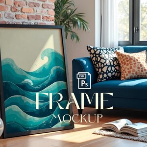 Wood Frame Mockup, Vertical Frame Mockup, Frame Wall Art Mockup PSD, Interior Wooden Frame Mockup, Digital Prints and Poster Shop Mockup