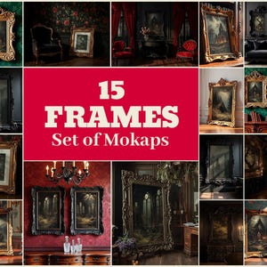 15 Gothic Frames Mockup PSD Bundle, Dark Wall Art Mockups, Vintage Poster Frame PSD, Gothic Interior Wall Display, Dark Academia Frames Set