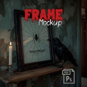 Halloween Frame Mockup PSD, Haunted Home Interior Frame Display with Candles Pumpkins Autumn Leaves, Spooky Seasonal Poster Template