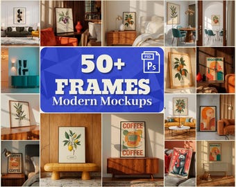50+ Retro moderne Rahmen Mockups PSD Bundle, Mid Century Interior Poster Display, Warme Vintage Wandkunst Vorlagen für Drucke Photoshop Dateien