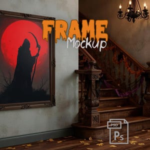 Spooky Halloween Frame Mockup PSD, Gothic Haunted Room Wall Art Display with Dark Autumn Atmosphere, Pumpkins and Seasonal Decor