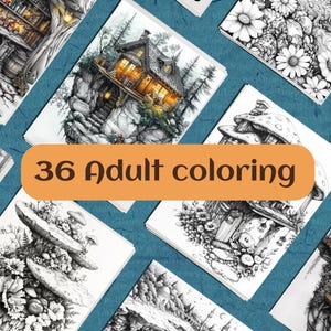 Magical forest and fairy houses, magical coloring - 36 printable pages for adult coloring