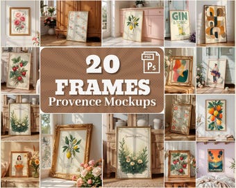Paquete de 20 maquetas de marcos de estilo provenzal en formato PSD, elegantes plantillas para pósteres de interiores de estilo rústico francés, acogedor conjunto de arte de pared rústico.
