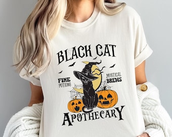 Halloween Black Cat Comfort Colors Shirt, Black Cat Apothecary Shirt, Cat Lover Halloween Shirt, Cute Witchy Vibes Tee, TSF202