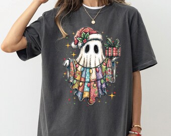 Ghost Santa Christmas Shirt, Christmas Light Ghost Gift TeeShirt, Cute Santa Ghost Christmas Tee