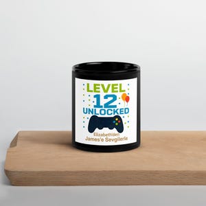 Level Up Birthday Mug - Funny Gamer Gift, Black Glossy Coffee Cup, 11oz/15oz Personalized Birthday Gift