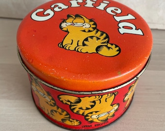 Vintage Garfield Metal Tin Canister - Red Candy Nut Tin 1980s Collectible