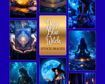 Djupblå häxa stockbilder Canva-mall: Astrologi, magi, tarot, kristallkula (digital nedladdning, PLR-licens) Canva-mall