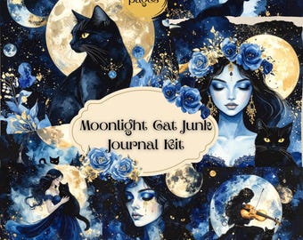 Midnight Cat Junk Journal Kit | Celestial Ephemera, Mystical Junk Journal Kit (Digital Download)