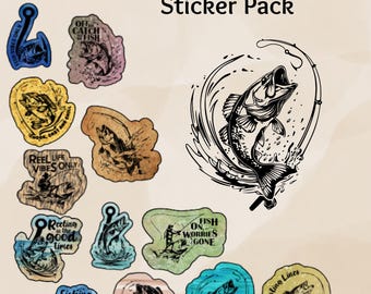 May include: A collection of vintage-style fishing-themed stickers. The stickers feature illustrations of fish, fishing hooks, and related phrases like "Reel Life Vibes Only" and "Fishing is my happy place." The stickers are in various colors and shapes.