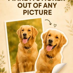 May include: An advertisement promoting custom stickers. The image features a Golden Retriever dog in a photo and a sticker form. Text reads "MAKE A STICKER OUT OF ANY PICTURE". The background is a light beige with floral accents.