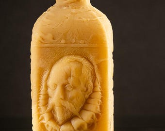 XXL Handmade Sculptural  Beeswax Candle - Spanish Leather-wrapped wine bottle. Bust of "Miguel de Cervantes"