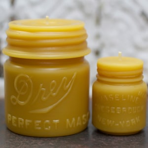 Beeswax Candle Set antique mason jar shaped Drey Mason Jar and Vaseline by Pollen Arts Md. & Sm.. image 1