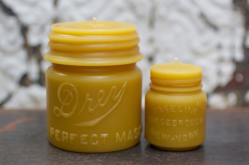 Beeswax Candle Set antique mason jar shaped Drey Mason Jar and Vaseline by Pollen Arts Md. & Sm.. image 1