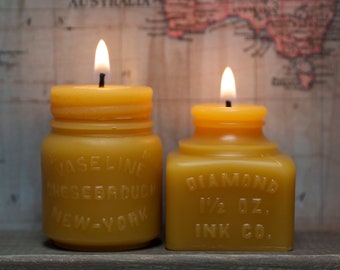 Beeswax Candle Set - Vaseline Jar -and- Diamond InkWell. Sm.