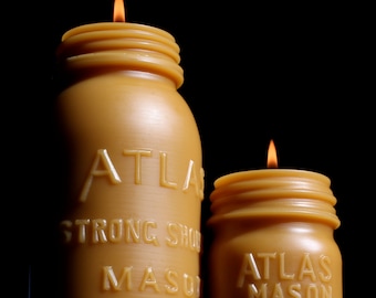 NEW Beeswax Candle Set - XL Atlas Mason and Md. Atlas 1/2 Pint.  (Both Candles) - Bottle/ Jar Shaped. 1900's Lg.