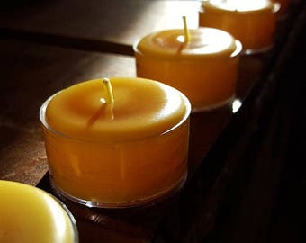 50 - 30 Bulk Beeswax Candle Tea Lights - Clear Cups . 100% Beeswax . Handmade USA . Beekeeper Owned and Operated