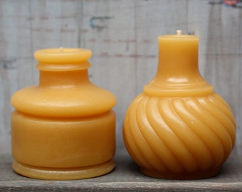 Beeswax Candle Set - antique bottle shaped - "TWO INKWELLS" "bell" and "swirl" - by Pollen Arts - Md & Sm.