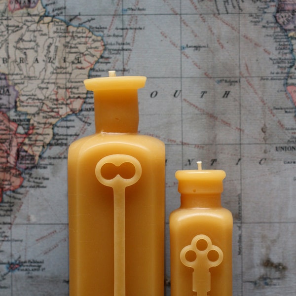 Beeswax Candle  Set - antique bottle shaped - "TWO KEYS" - by Pollen Arts - Md & Sm.